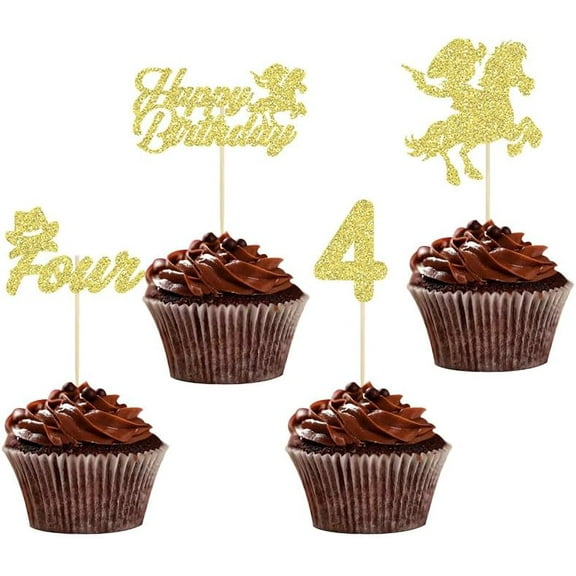 12pcs Four Cupcake Toppers Glitter 4th Birthday Cowboy Hats Boots Baby Shower Western Theme Fourth Birthday Party Cake Decorations Supplies (Gold)