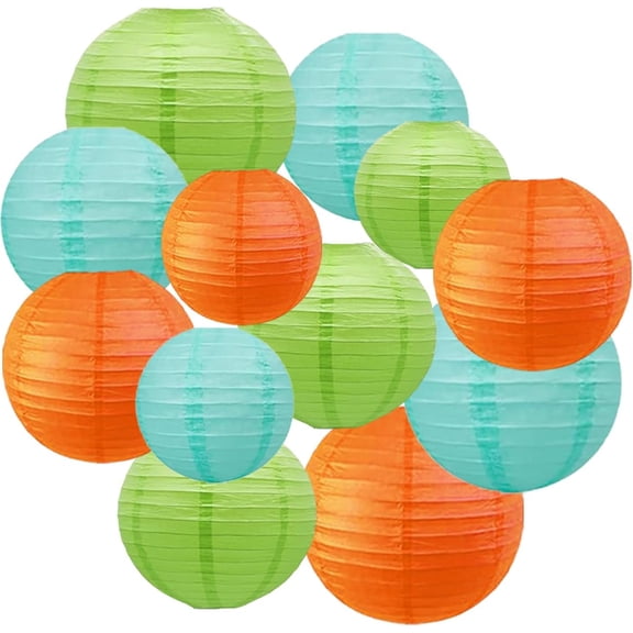 12pcs Fruit Green Orange and Pastel Blue Lanterns,Hanging Paper Lanterns for Dinosaur Birthday Party Decoration