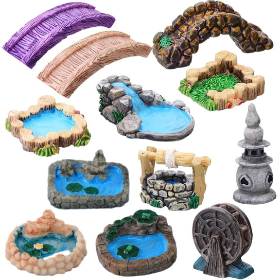 12pcs Garden Accessories Miniature Bridge Mini Lighthouse Water Well Bridge Figurines Pond Lawn Ornament Figurines for DIY Craft Garden Decor(Classic Style)