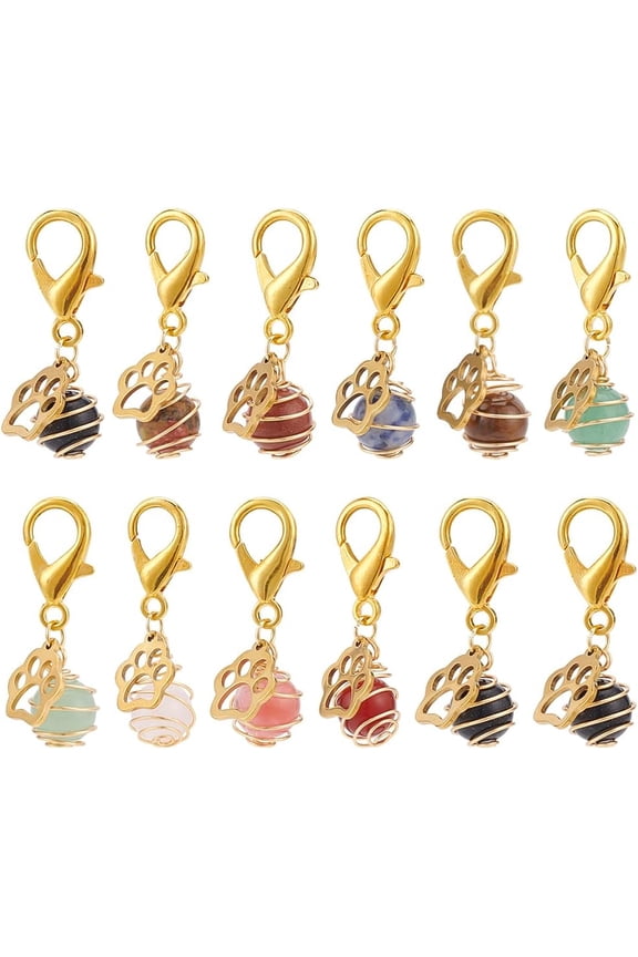 12pcs Gemstone Spiral Cage Pet Collar Pendants Alloy Dog Paw Small Pet Charms with Lobster Clasps Natural Gemstone Clip-on Charms for Cat Dog Necklace DIY Keyring Bag Decor