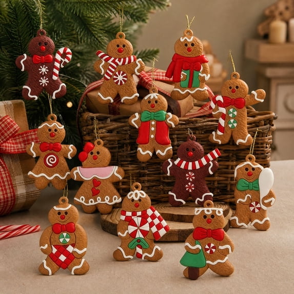 12Pcs Gingerbread Man Ornaments for Christmas Tree, Assorted Wooden Hanging Figurines, Holiday Xmas Home Decor, Mzrulpne