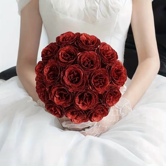 12pcs Glitter Black Artificial Roses - Elegant Floral Decor for Weddings, Valentine's Day, Halloween, and More