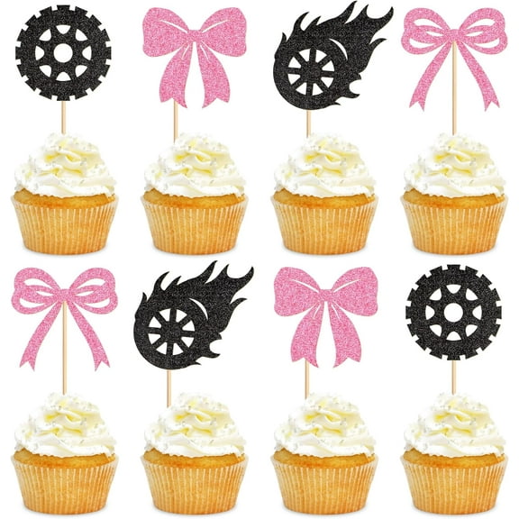 12pcs Glitter Bows and Tyre Dessert Cupcake Toppers Burnouts Boy or Girl Cupcake Picks Gender Reveal Cake Decorations for Baby Shower Happy Birthday Party Decorations