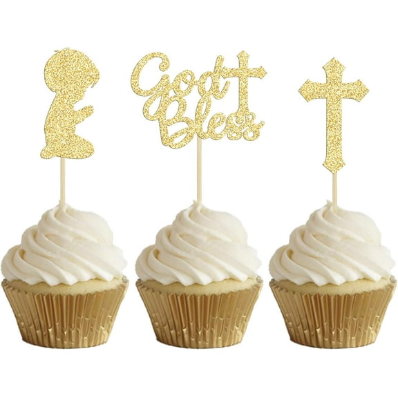 12pcs Gold Glitter Boy God Bless and Baptism Cupcake Toppers Cross Babyshower Cupcake Picks Christian Party Decoration Supplies
