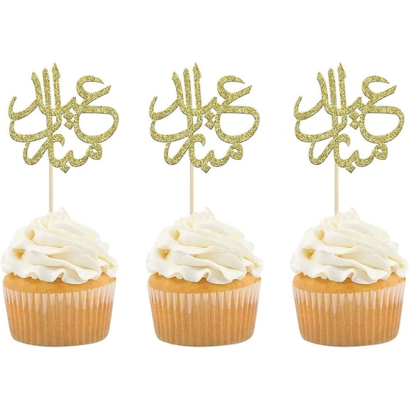 12pcs Gold Glitter Eid Mubarak Cupcake Toppers Arabic Happy Eid Ramadan Kareem Cake Decorations Islamic Muslim Party Supplies Decorations