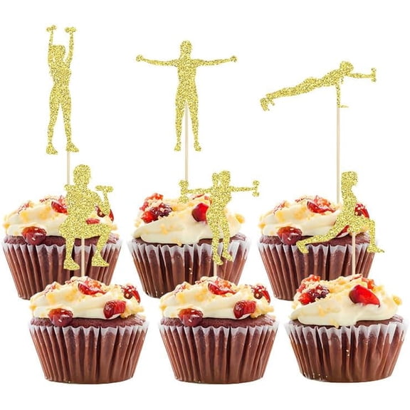 12pcs Gold Glitter Gym Theme Cupcake Toppers, Woman Fitness Dumbbells Themed Birthday Cake Party Decorations Supplies