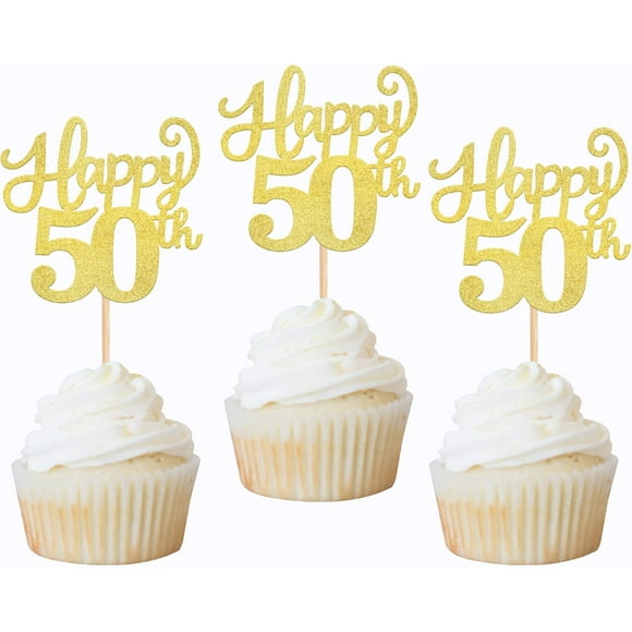 12pcs Gold Glitter Happy 50th Cupcake Toppers FiftyCheer to 50 Years Old Number 50 Birthday Cupcake Picks for Happy 50th Birthday Wedding Anniversary Party Cake Decorations Supplies