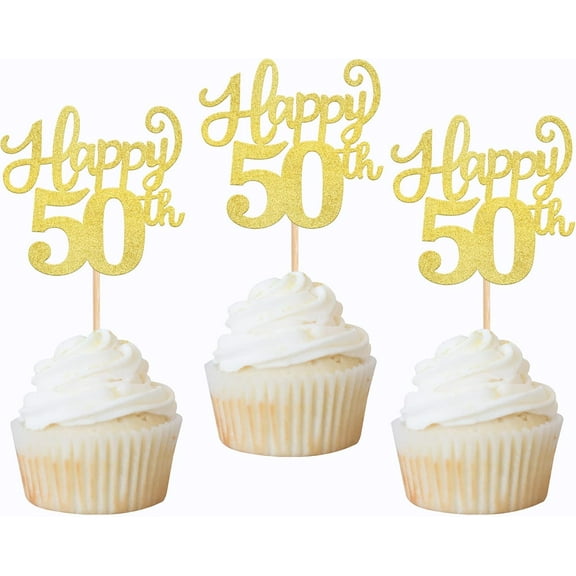 12pcs Gold Glitter Happy 50th Cupcake Toppers FiftyCheer to 50 Years Old Number 50 Birthday Cupcake Picks for Happy 50th Birthday Wedding Anniversary Party Cake Decorations Supplies