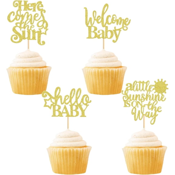 12pcs Gold Glitter "Here Comes the Sun" Baby Shower Cupcake Toppers, Sunshine Themed Party Decorations