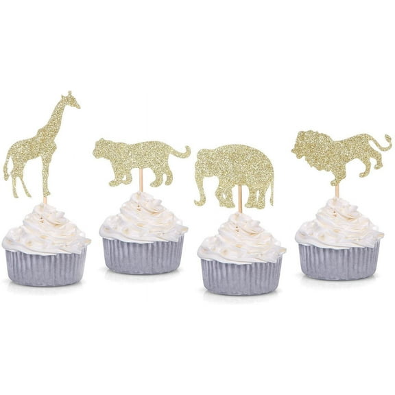 12pcs Gold Glitter Jungle Safari Animal Cupcake toppers Elephant Giraffe Lion Tiger for Baby Shower Birthday Party Decorations
