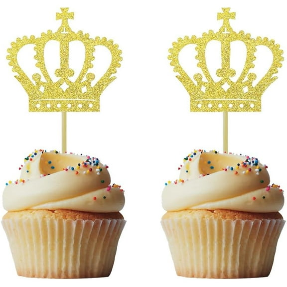 12pcs Gold Glitter Royal Prince Crown Cupcake Toppers with Blue Bows for Boys' Birthday Party Wedding Party Baby Shower Decorations