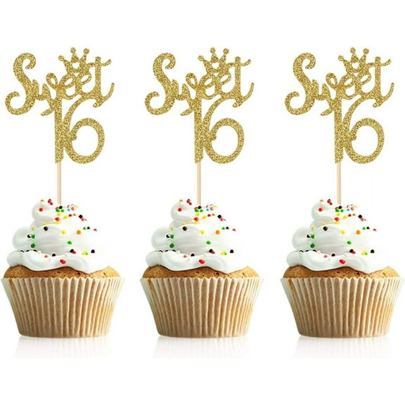 12pcs Gold Glitter Sweet 16 Cupcake Toppers 16th Cupcake Picks for Birthday Anniversary Decorations