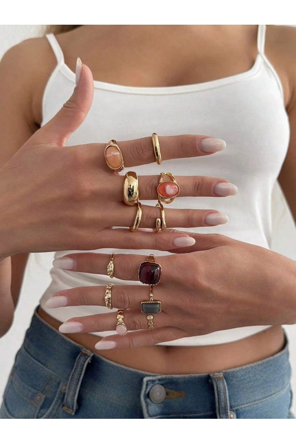 12pcs Gold Tone Alloy Ring Set With Acrylic Inlay, Asymmetrical Stacking Rings For Women