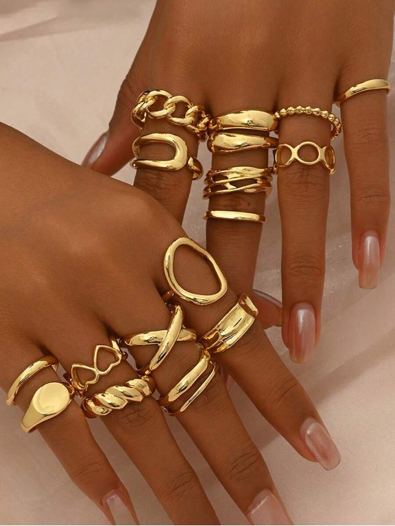 12pcs Gold Tone Creative Fashion Multi-Element Hollow Geometric Open Ring Set For Women, Bohemian Baroque Style Daily Wear Jewelry