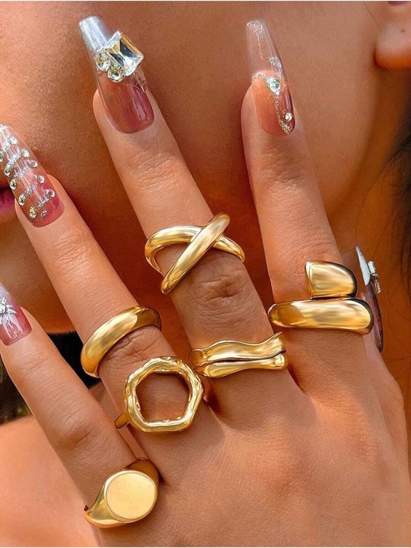 12pcs Gold Tone Minimalist Vintage Asymmetrical Criss-Cross Liquid Rings Set For Women