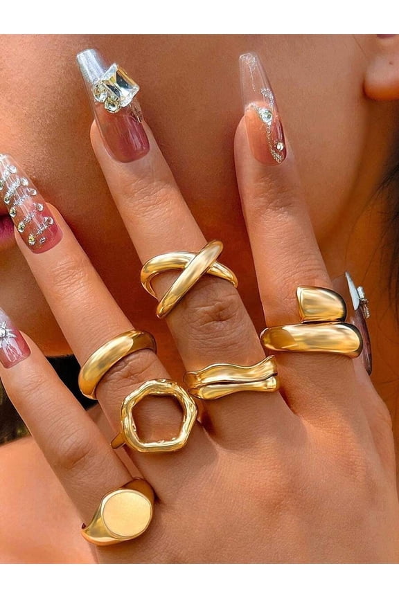 12pcs Gold Tone Minimalist Vintage Asymmetrical Criss-Cross Liquid Rings Set For Women