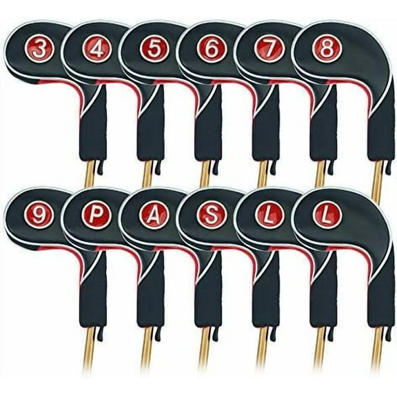 12pcs Golf Iron Putter Head Covers Headcover Set Black & Red Fit All Brands Callaway, Ping, Taylormade, Cobra, Etc.