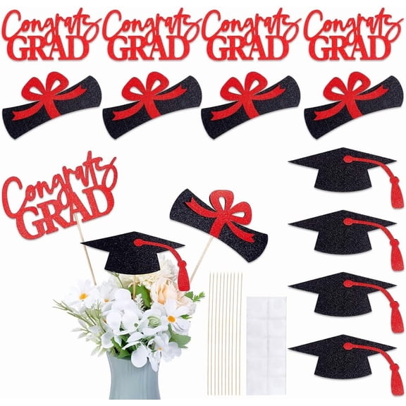 12pcs Graduation Party Decorations Double Sided Graduation Centerpiece Sticks Table Topper Supplies Grad Party Glitter Cutouts Colleage Guaduation Picks with Bar & Glue Red Making DIY