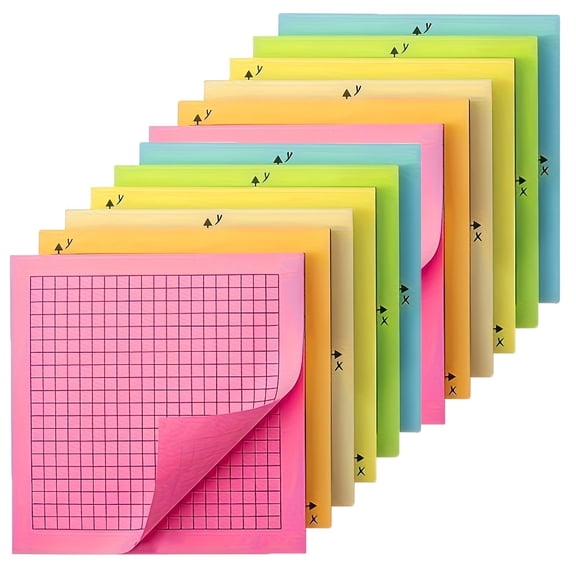 12pcs Graph Paper Sticky Notes, 12 Pads 3x3 Inch Bright Colors, Math Graph Paper Graphing Grid Notepad Mini Graph Paper
