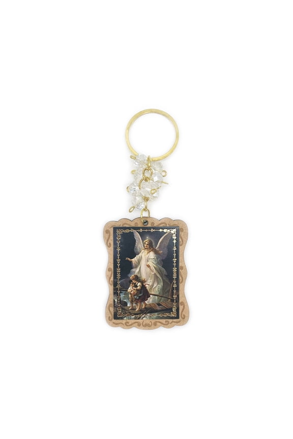 12pcs Guardian Fairy Wooden Keychain, Bag Charm with Sparkling Crystal Beads, Traditional Artistic Religious Gift, Catholic Icon Key Ring for Car & Backpack