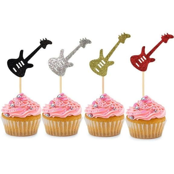 12pcs Guitar Cupcake Toppers for Birthday Party Wedding Baby Shower Party Music Theme Party Cake Dessert Appetizer Decorations Supplies Picks(Glitter four colors: Black,Gold,Silver,Red)