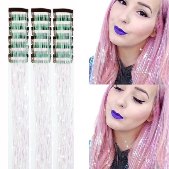 12pcs Hair Tinsel Clip in Hair Tinsel Kit Glitter Tinsel Hair Extensions 20Inch Sparkling Fairy Hair Tinsel Shiny Hair Accessories for Women Girls Kids (Colorful)