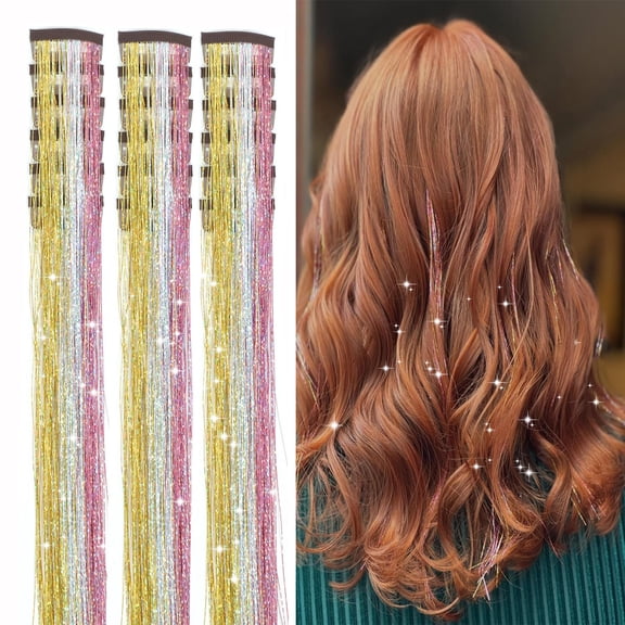 12pcs Hair Tinsel Clip in Hair Tinsel Kit Glitter Tinsel Hair Extensions 20Inch Sparkling Fairy Hair Tinsel Shiny Hair Accessories for Women Girls Kids (Colorful)