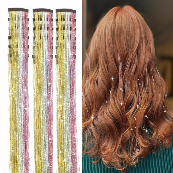 12pcs Hair Tinsel Clip in Hair Tinsel Kit Glitter Tinsel Hair Extensions 20Inch Sparkling Fairy Hair Tinsel Shiny Hair Accessories for Women Girls Kids (Colorful)