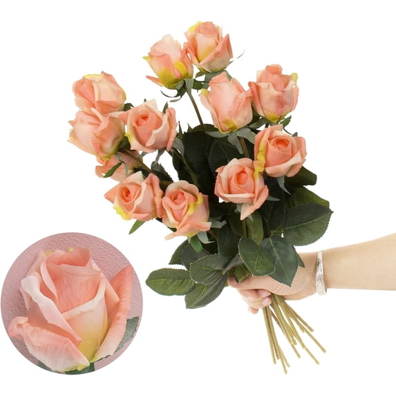 12pcs Half Opened Artificial Rose Buds,17 Inch Real Touch Silk Roses with Partially Opened Flowers, Artificial Flower for Home Décor Centerpiece Wedding Bouquet,Red