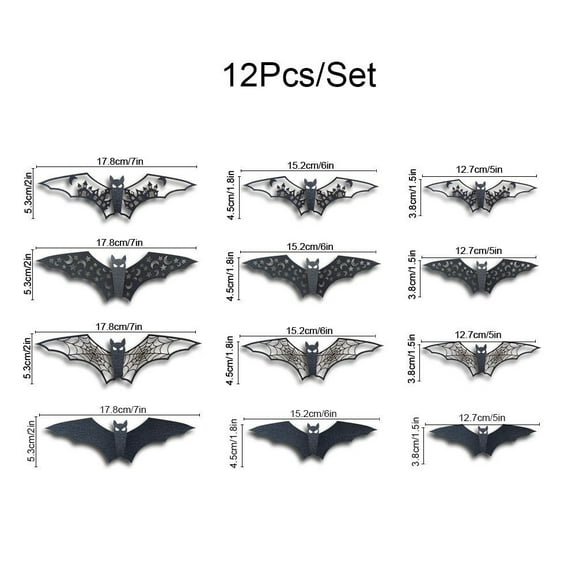 12pcs Halloween Bats Decorations, 3D PVC Scary Wall Decor, Hollow Out Waterproof Black Bats Stickers for Indoor Party Supplies, Door and Room Decals