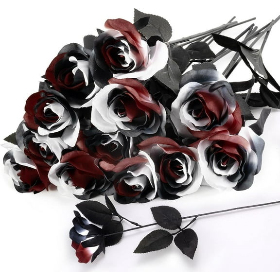 12pcs Halloween Black Roses Flowers, Artificial Silk Roses Flowers Faux Black Roses Bouquets for Halloween Centerpiece, Halloween Party Indoor or Outdoor Decoration