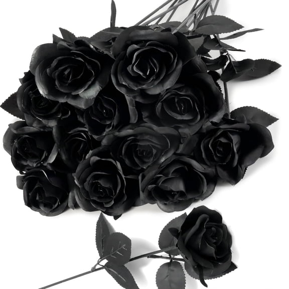 12pcs Halloween Black Roses Flowers, Artificial Silk Roses Flowers Faux Black Roses Bouquets for Halloween Centerpiece, Halloween Party Indoor or Outdoor Decoration