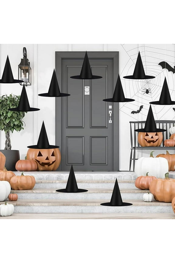 12pcs Halloween Black Witch Hats Costume Accessory Decorations, Thickened Hanging Wizard Hats Bulk for Women Kids with Hanging Rope, Floating Porch Indoor Outdoor Hocus Pocus Decor Party Supplies