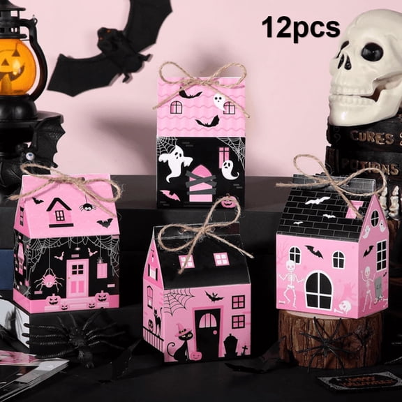 12pcs 2026 Halloween Mini Candy Boxes Treat Boxes, Assorted Pattern Haunted House Shaped Gift Boxes, DIY Foldable Snack Boxes for Halloween Holiday Party A