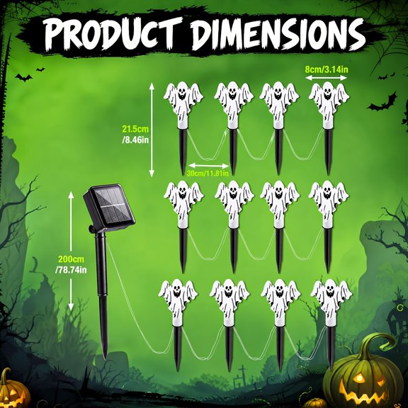12pcs Halloween Solar Skull Head Stake Lights, Green LED, IP44 Waterproof, 8 Lighting Modes, Ground Insert Decor for Lawn, Pathway and Halloween Parties