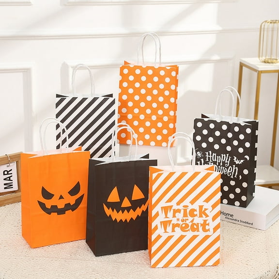 12pcs Halloween Trick Or Treat Bags With Handles Skull, Pumpkin, Spider Web & Witch Designs, Orange and Black, Halloween Treat Bags Halloween Gift Bags, Halloween