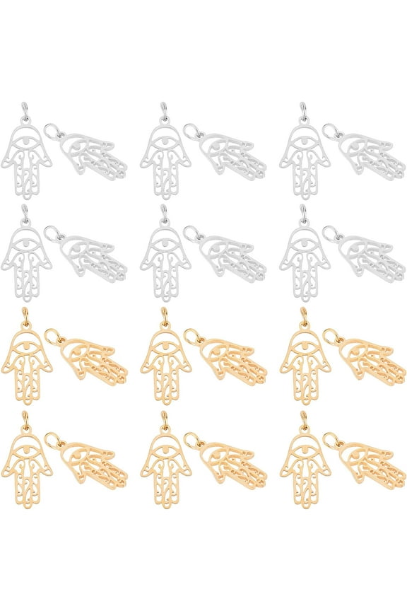 12pcs Hamsa Hand Charm Golden Stainless Steel Color Hand of Miriam with Eye Stainless Steel Metal Charm for Jewelry Making DIY 3mm Hole