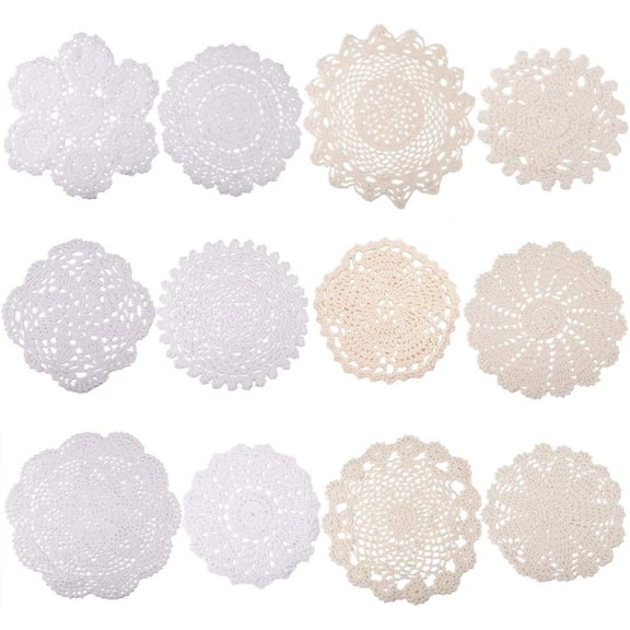 12pcs Hand Crochet Lace Doilies for Table Decoraion Vintage Round Lace Doilies Placemats 6-12inch Beige and White 1set