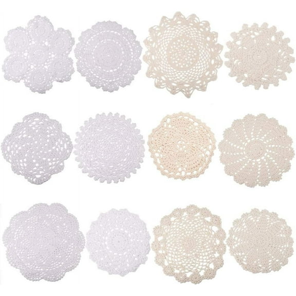 12pcs Hand Crochet Lace Doilies for Table Decoraion Vintage Round Lace Doilies Placemats 6-12inch Beige and White