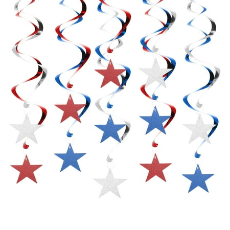 12pcs Hanging Stars Decorations, 27inch Star Hanging Decorations Party Supplies Shiny Twinkle Streamers for Wedding Birthday Party Graduation Ceiling, Red Blue Silver