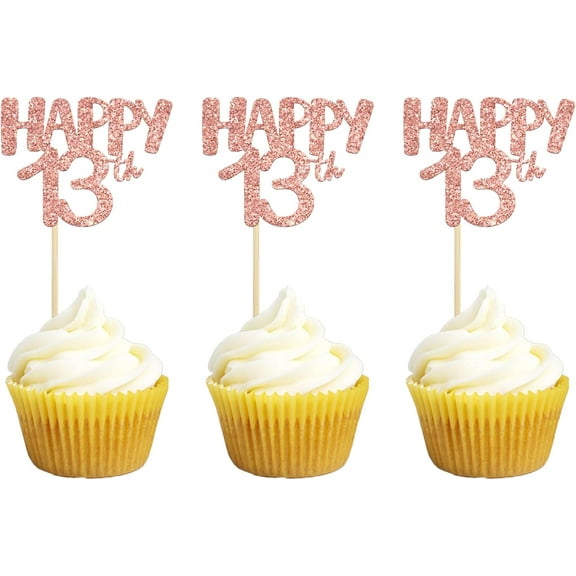12pcs Happy 13th Birthday Cupcake Toppers Rose Gold Glitter Number 13 Thirteen Cupcake Picks 13th Birthday Celebrating Anniversary Party Cake Decorations Supplies