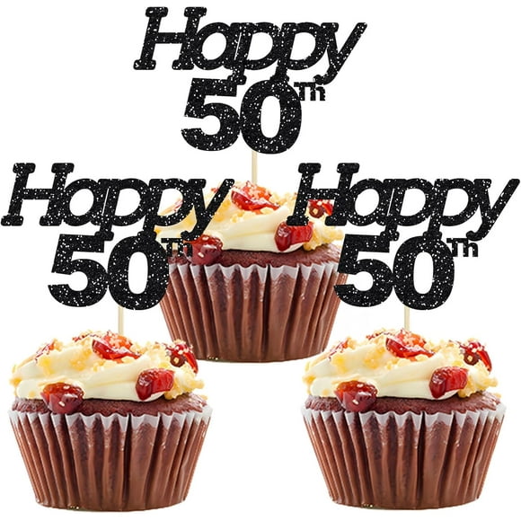 12pcs Happy 50th Cupcake Toppers Black Glitter 50 Fabulous Cheers to 50 Years Fifty Birthday Wedding Anniversary Party Cake Decorations Supplies