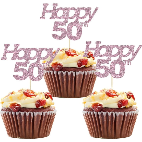 12pcs Happy 50th Cupcake Toppers Pink Glitter 50 Fabulous Cheers to 50 Years Fifty Birthday Wedding Anniversary Party Cake Decorations Supplies