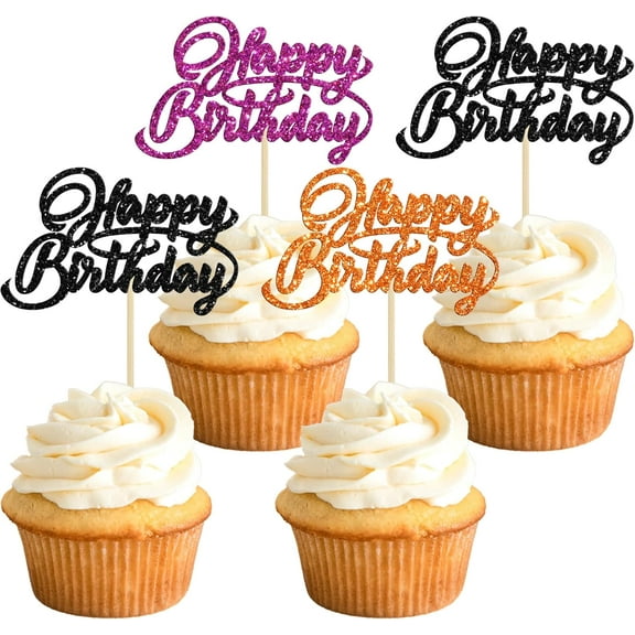 12pcs Happy Birthday Cupcake Toppers Glitter Happy Birthday Cupcake Picks for Celebrating Halloween Anniversary Theme Party Cake Decorations Supplies Orange Black Purple