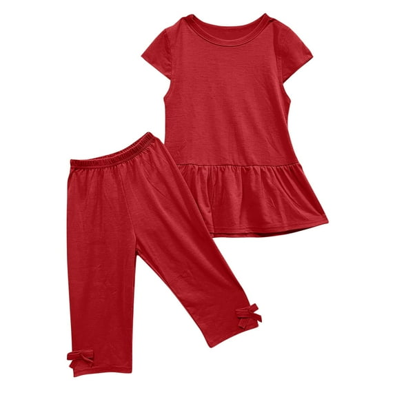 Ashirexll Girls Summer Outfits, Girls Summer Sets, 1-10 Years Summer Girls' Casual Short Sleeve Round Neck T-shirt and Elastic Waist Short Pants Solid Color Two Piece Sets