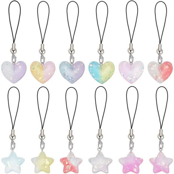12pcs Heart Star Phone Charms Gradient Color Cellphone Charms Resin Mobile Phone Hanging Ornaments for Keychain Mobile Phone Case Car Key Bag Backpack Purse Decoration Colorful