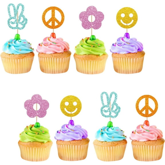 12pcs Hippie Party Cupcake Toppers, Two Groovy Cupcake Toppers, Pink Glitter Daisy Cake Decoration for Girl, 60s Retro Themed Birthday/Baby Shower Party Supplies
