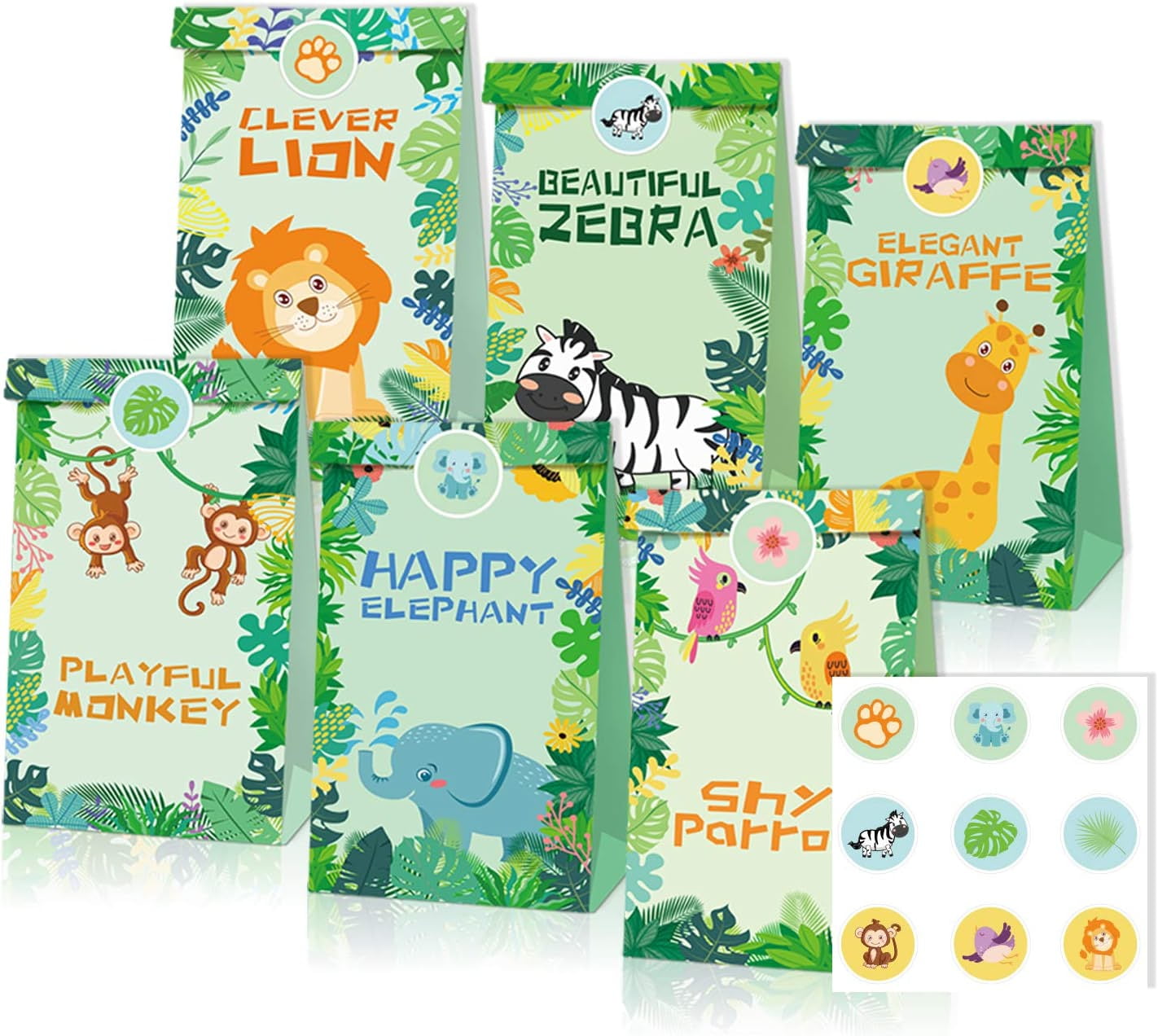 50 Pcs Jungle Animal Treat Bags With Twist Ties - Lion, Giraffe, Zebra, Elephant Cellophane Favor Bags