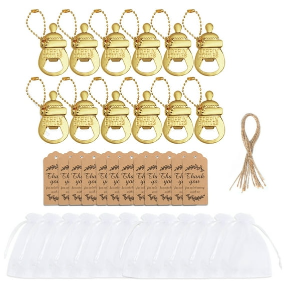12pcs Keychains Bottle Opener with Organza Bag and Thank You Label Baby Shower Souvenirs for Guests Party Supplies