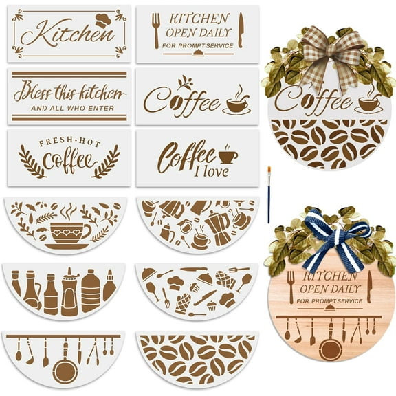 12pcs Kitchen Welcome Stencils for Painting On Wood 12" Half Round Coffee Quote Stencils With Beans Bless Pattern Paint Brush Room Wall Shop Decor